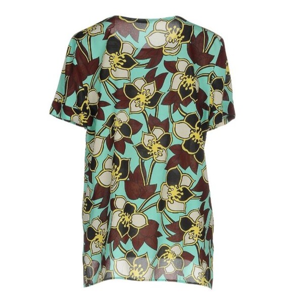 P.A.R.O.S.H. Women Blue Brown Floral Silk Crew Neck Short Sleeve Blouse Top Sz L - Picture 2 of 14